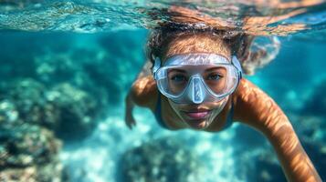 A woman wearing a snorkel and goggles in the ocean photo