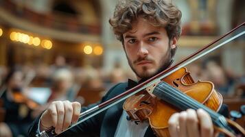 A man in a tuxedo playing the violin photo