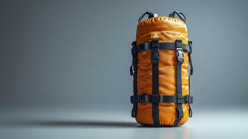 A large orange backpack with straps and straps photo
