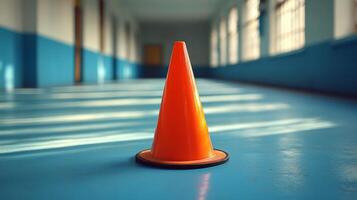 A traffic cone sitting on the floor in a hallway photo
