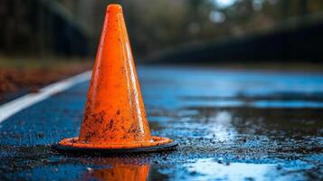 An orange traffic cone sitting on the side of a wet road photo
