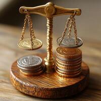 A balance scale with coins on top of it photo