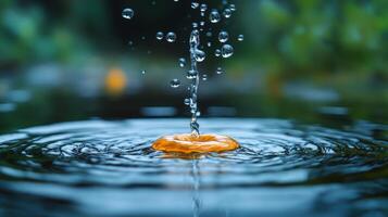 Water drops falling from a flower into a pond photo