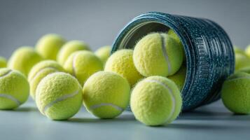 Tennis Balls Spilling from a Blue Container photo