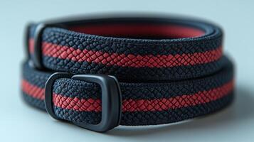 Close Up of a Black and Red Fabric Strap with Buckle photo