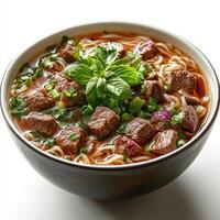 Rich and Flavorful Bowl of Beef Noodle Soup with Fresh Herbs photo