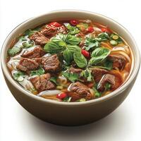 Flavorful Bowl of Beef Noodle Soup with Fresh Herbs and Broth photo