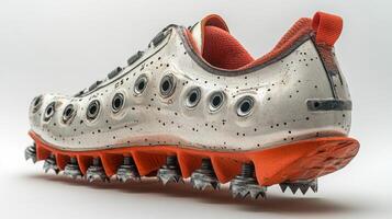 Close-up of a White and Orange Sneaker with Metal Spikes photo
