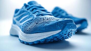 Close-up of a Blue Running Shoe with White Sole photo