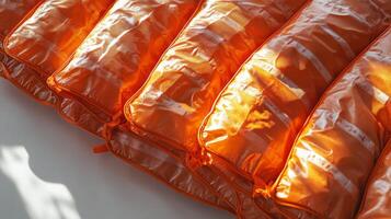 Stack of Orange Drawstring Bags with White Stripes photo