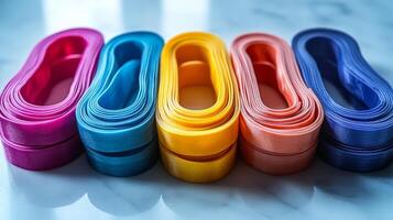 Colorful Rolled Rubber Bands on a Marble Surface photo