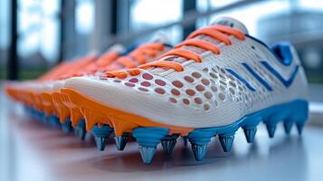 Close-up of White and Orange Soccer Cleats with Blue Spikes photo