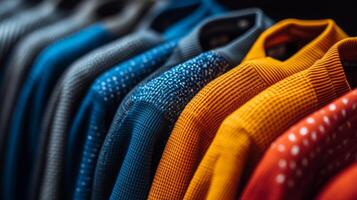 Close-up of Knitted Sweaters Hanging on a Rack photo