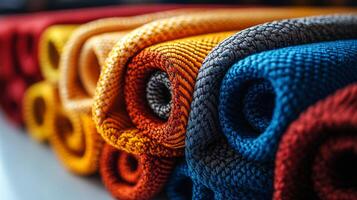 Detailed Close-Up of Colorful Fabric Rolls with Intricate Patterns photo