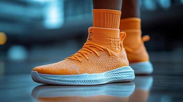 Close-up of a Vibrant Orange Basketball Sneaker photo