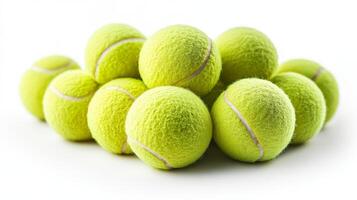 A Neatly Stacked Pile of Yellow Tennis Balls on a Crisp White Background photo