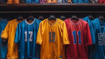 Collection of Colorful Sports Jerseys Hanged on Racks in a Store photo