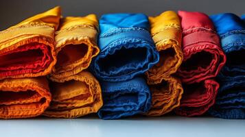 Vibrant Close-Up of Colorful Fabric Rolls in Various Textures photo