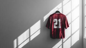 Red Jersey with Number 21 Hanging on a White Wall photo