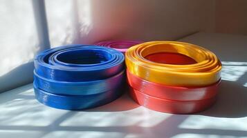 Colorful Stacked Rings on a White Table photo