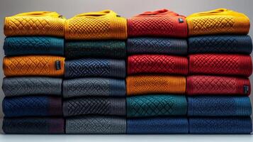 Stack of Colorful Knitted Sweaters photo
