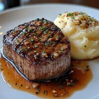 Flavorful Grilled Steak with Garlic Mashed Potatoes and Fresh Herbs photo