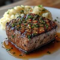 Grilled Steak with Mashed Potatoes and Herb Sauce photo