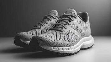 Pair of Grey Knit Running Shoes on a White Surface photo