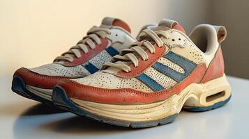 Worn-Out Sneakers with Red and Blue Details photo