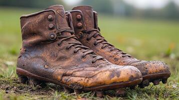 Muddy Leather Boots Resting on Grass photo