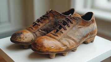 A pair of old football boots on a white table photo