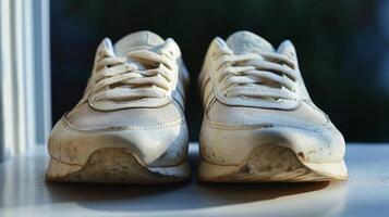 A pair of dirty white sneakers sitting on a window sill photo