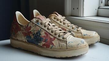 A pair of sneakers with flowers painted on them photo