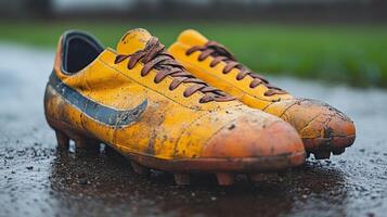 Muddy Yellow Football Boots on a Wet Field photo