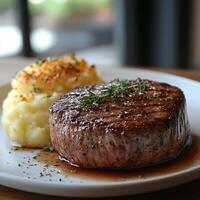 A steak and mashed potatoes on a white plate photo