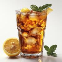 A glass of iced tea with ice and lemon photo