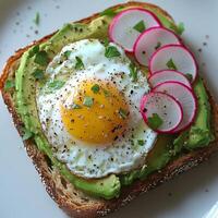 Avocado Toast with Fried Egg and Radishes photo