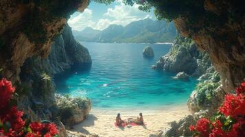 Secluded Beach Cove with a View of Mountains photo