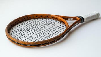 Vintage Tennis Racket with Worn Orange Paint photo