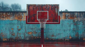 Rusty Basketball Hoop Against a Weathered Wall photo