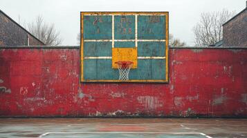 Basketball Hoop on an Old and Weathered Wall photo