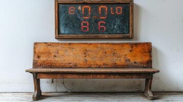 Vintage Scoreboard and Wooden Bench in a Rustic Setting photo