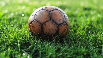 Vintage Soccer Ball Resting in Lush Green Grass photo