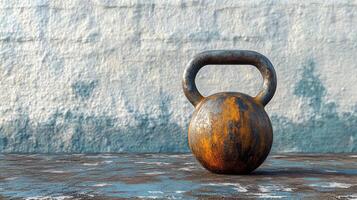 A kettlebell is sitting on a table photo