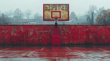 Basketball Hoop Against a Red Wall in the Rain photo