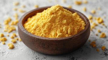 A bowl of yellow powder on a table photo