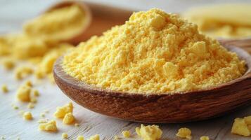 Yellow powder in a wooden spoon photo