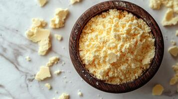 A bowl of butter is sitting on top of a marble surface photo