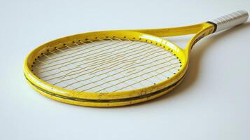 Yellow Tennis Racket with Worn Strings photo