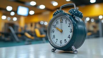 Vintage Alarm Clock on a White Table in a Gym photo